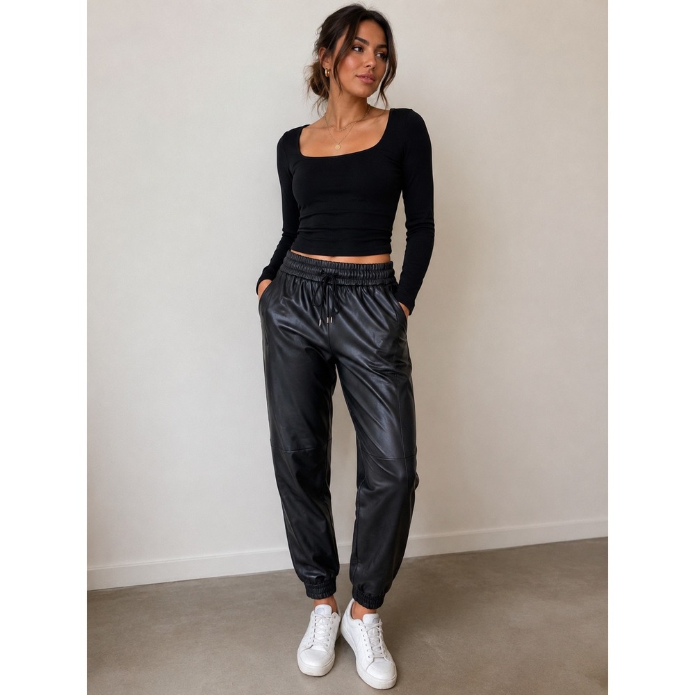 Anthropologie Black Faux Leather Joggers XS Elastic Waist Pants Drawstring